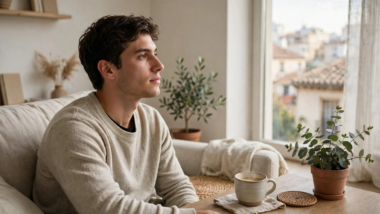 Joven sentado en un sofá mirando por la ventana junto a una taza de café