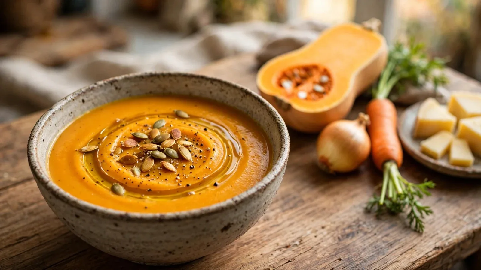 Cuenco de crema de calabaza con pipas y aceite junto a una calabaza, cebolla, zanahoria y queso
