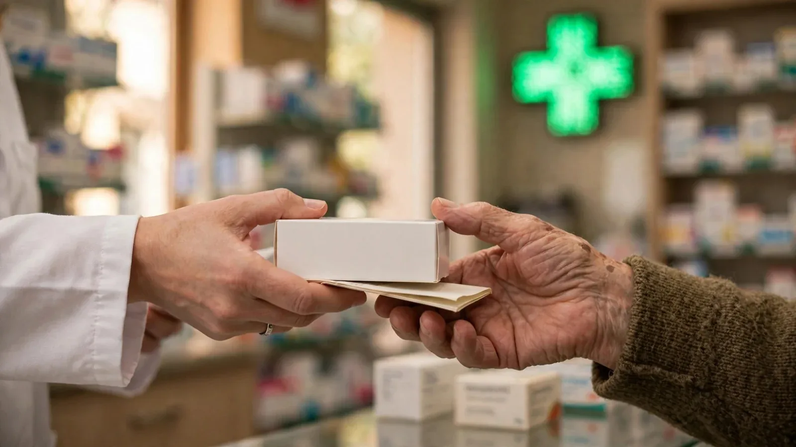 Una farmacéutica entrega una caja de medicamento a una persona mayor en el mostrador