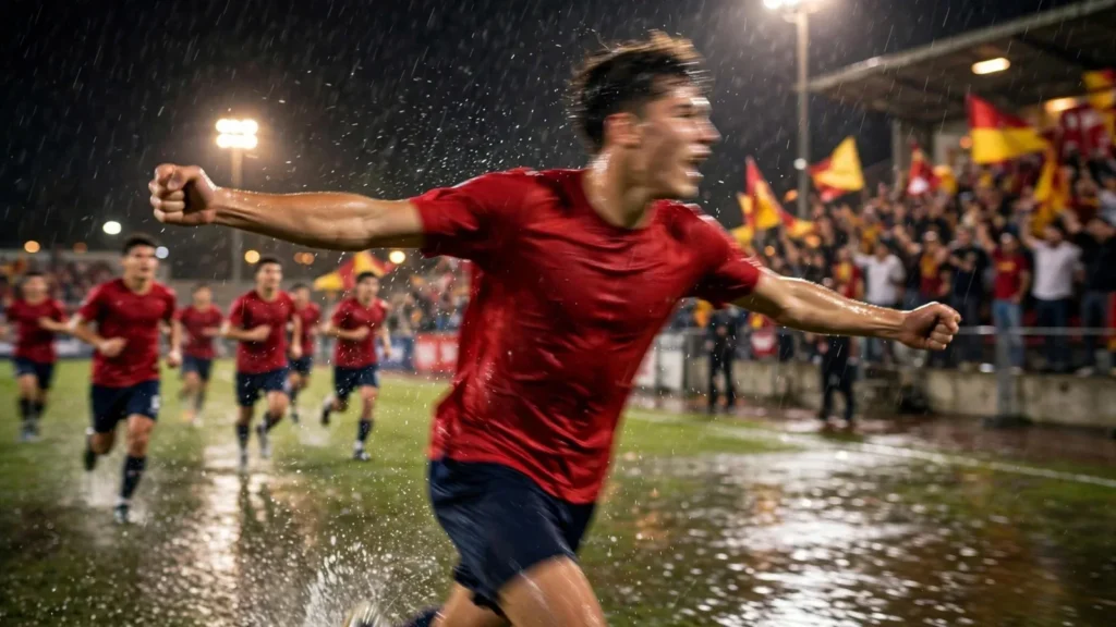 Un futbolista con camiseta roja celebra un gol bajo la lluvia mientras sus compañeros corren hacia él