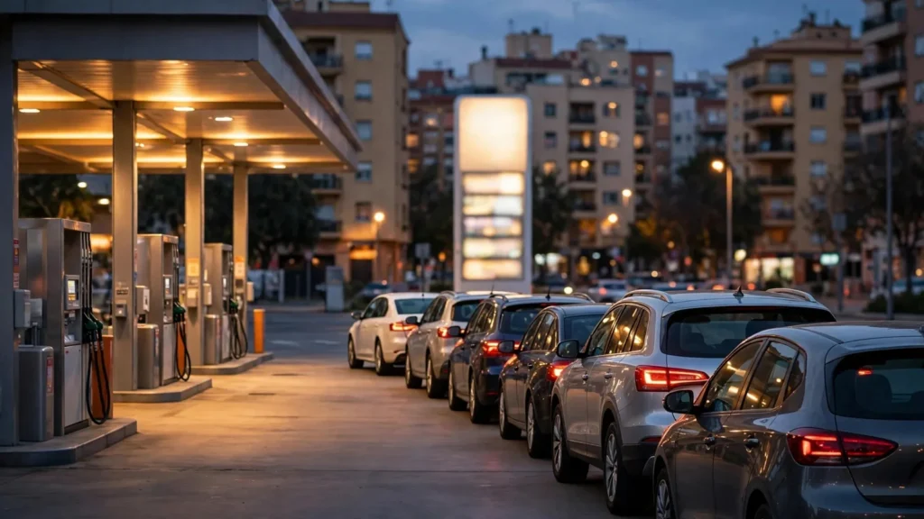 Fila de coches esperando para repostar en una gasolinera de ciudad al anochecer