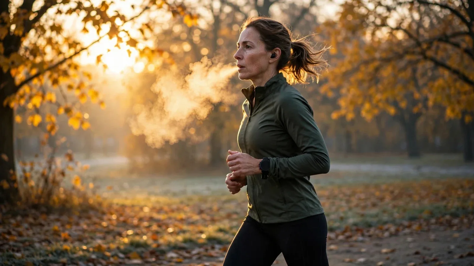 Mujer corriendo en un parque en otoño mientras exhala vaho por el frío