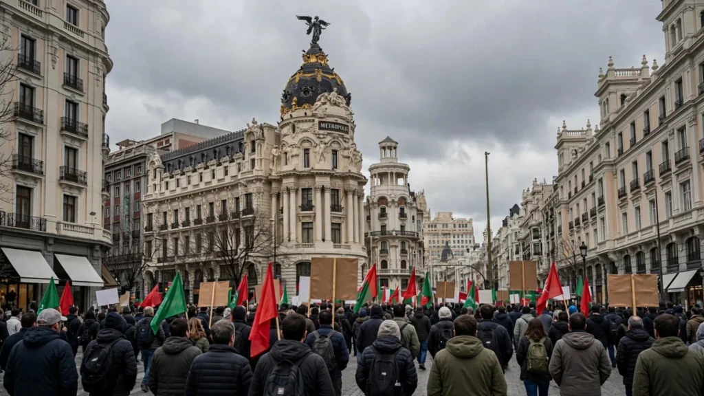 Manifestación con banderas sindicales frente al edificio Metrópolis en Madrid