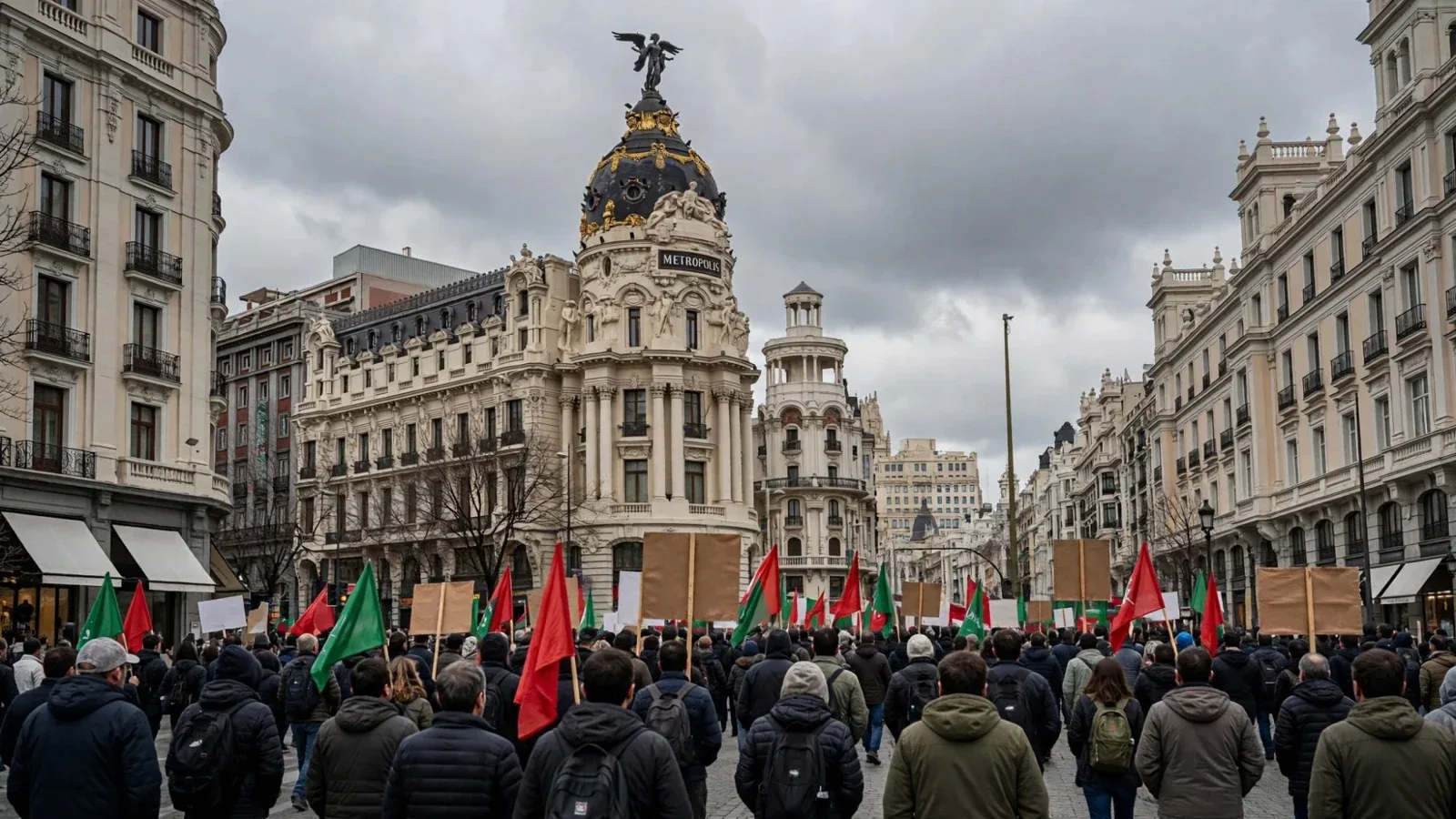 Manifestación con banderas sindicales frente al edificio Metrópolis en Madrid