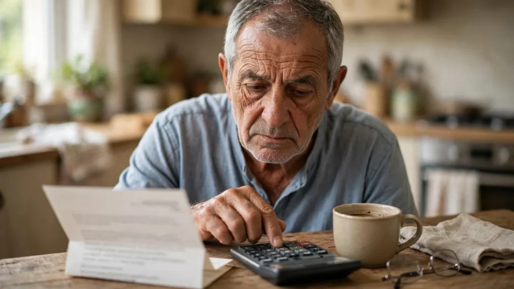 Un hombre mayor revisa una carta y hace cuentas con una calculadora en la mesa de la cocina