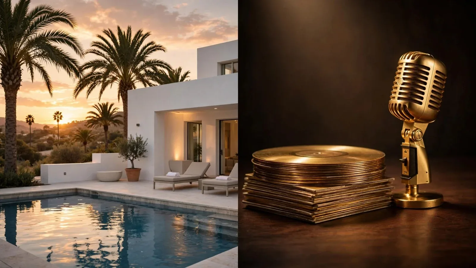 Ilustración de una villa junto al mar con un micrófono y discos de oro