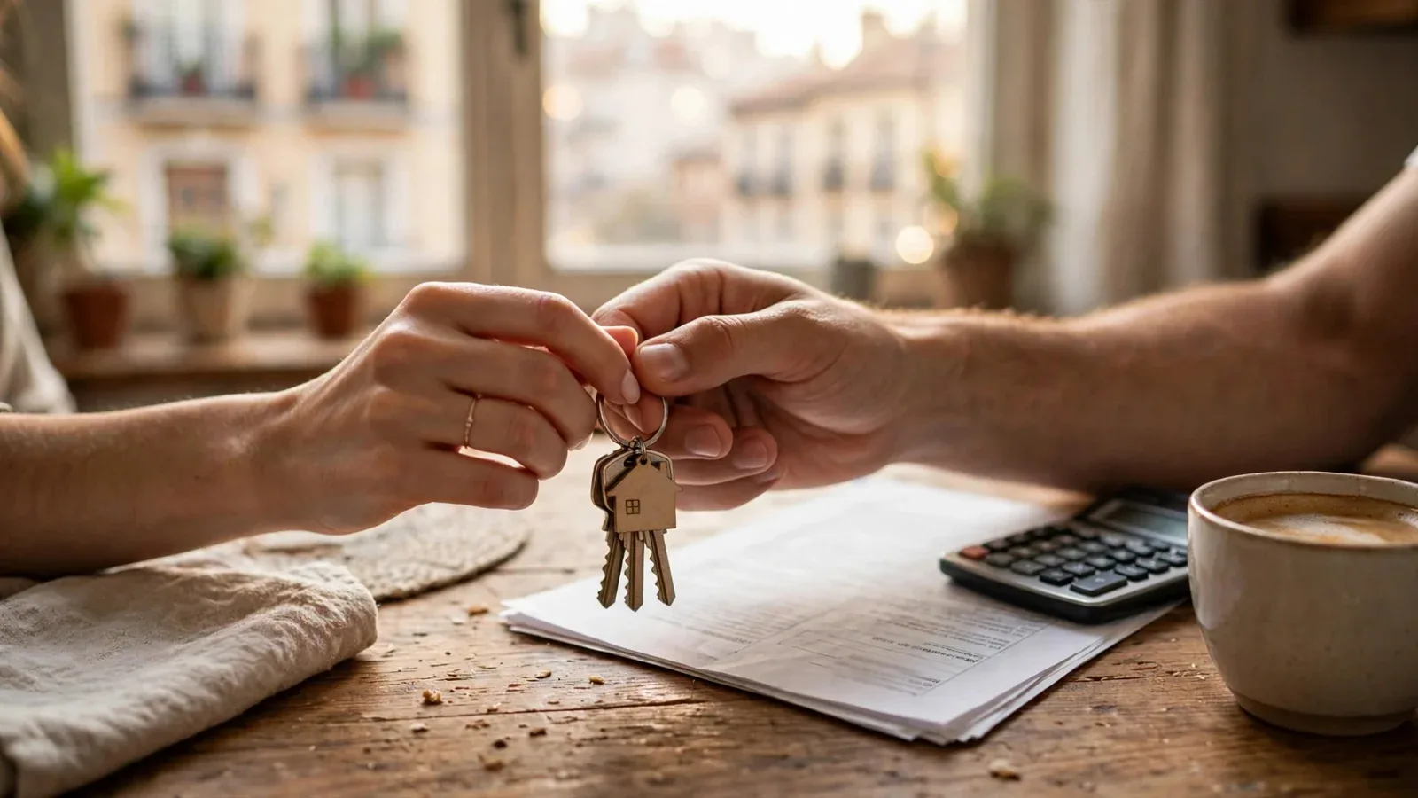 Dos manos sujetan unas llaves con llavero en forma de casa sobre un contrato y una calculadora