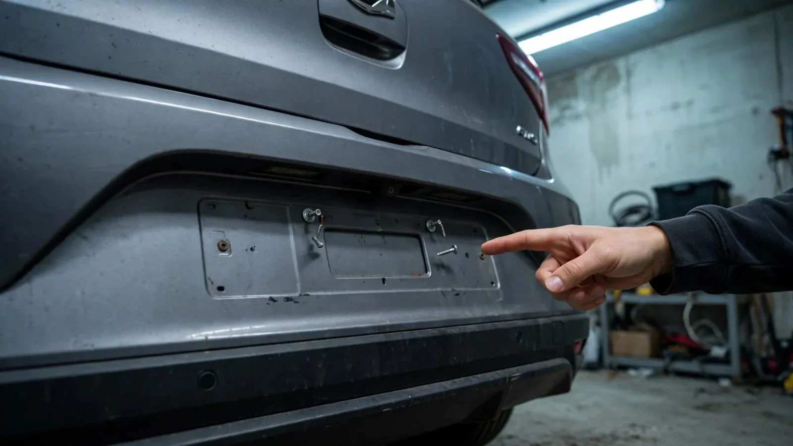 Mano señalando el hueco vacío de la matrícula trasera de un coche en un garaje