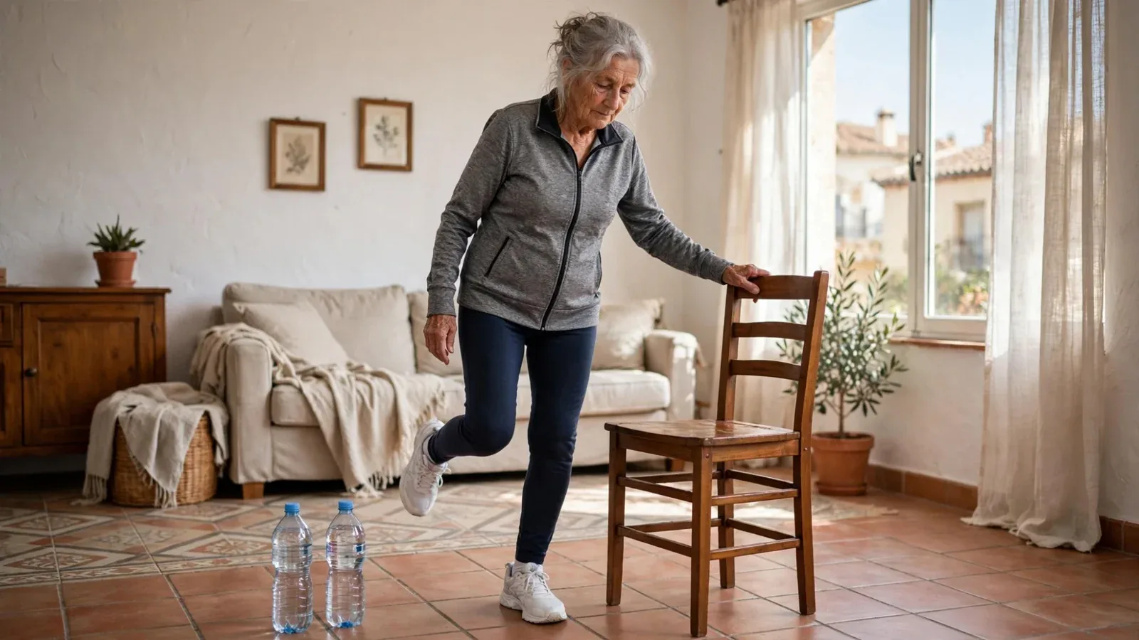 Una mujer mayor hace un ejercicio de equilibrio sobre un pie apoyada en el respaldo de una silla en su salón