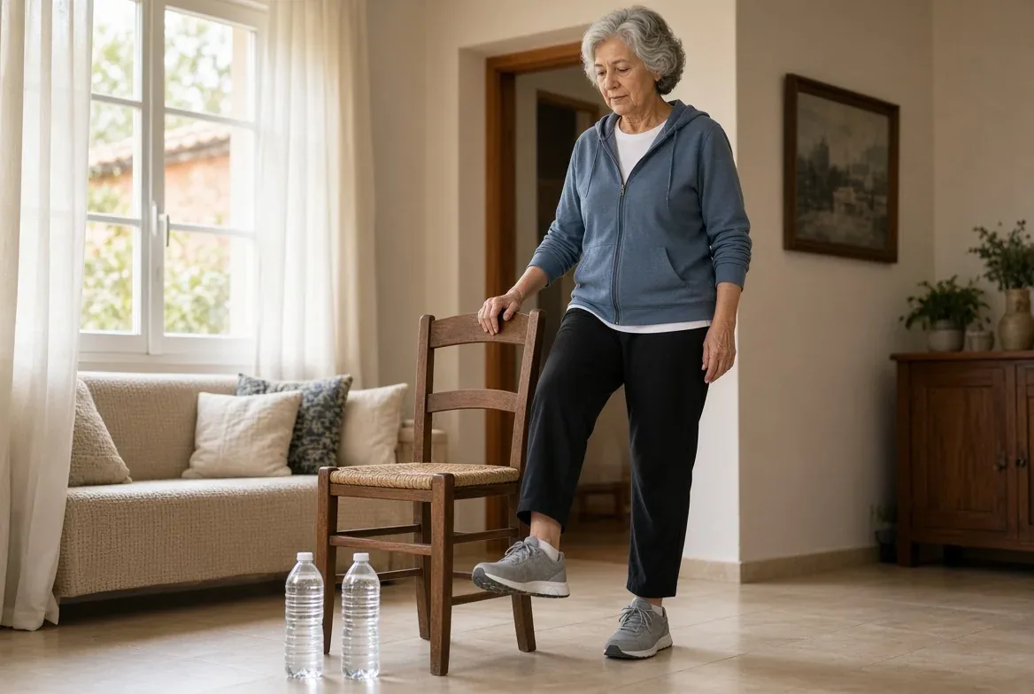 Una mujer mayor se apoya en una silla para hacer un ejercicio de equilibrio junto a dos botellas de agua usadas como pesas