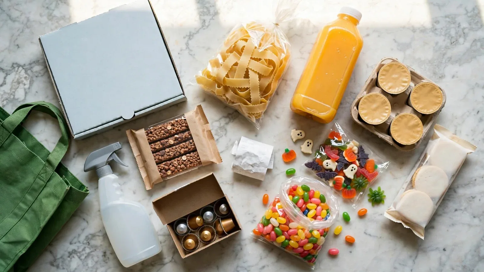 Productos de supermercado sobre una encimera de mármol: pizza, pasta, zumo, yogures, galletas y chucherías
