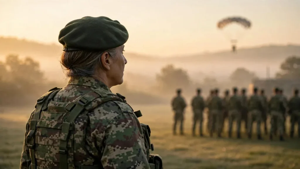 Una militar con boina y uniforme de camuflaje mira a un grupo de soldados en formación al amanecer mientras cae un paracaidista