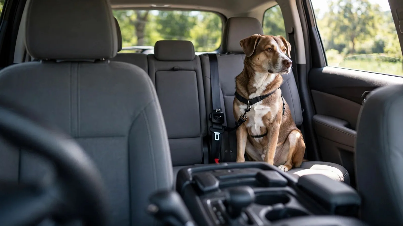 Un perro sentado en el asiento trasero de un coche, sujeto con un arnés enganchado al cinturón de seguridad