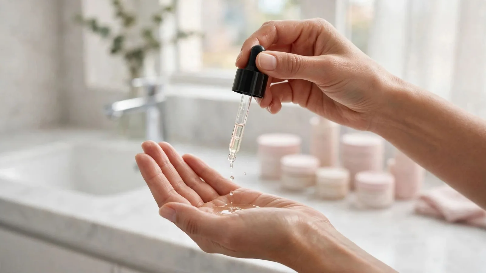 Una mujer deja caer unas gotas de sérum facial con un cuentagotas en la palma de la mano junto al lavabo