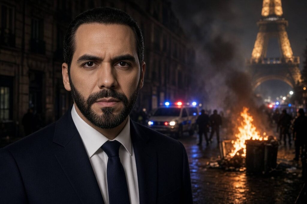 Nayib Bukele en una calle de París con disturbios y la torre Eiffel al fondo