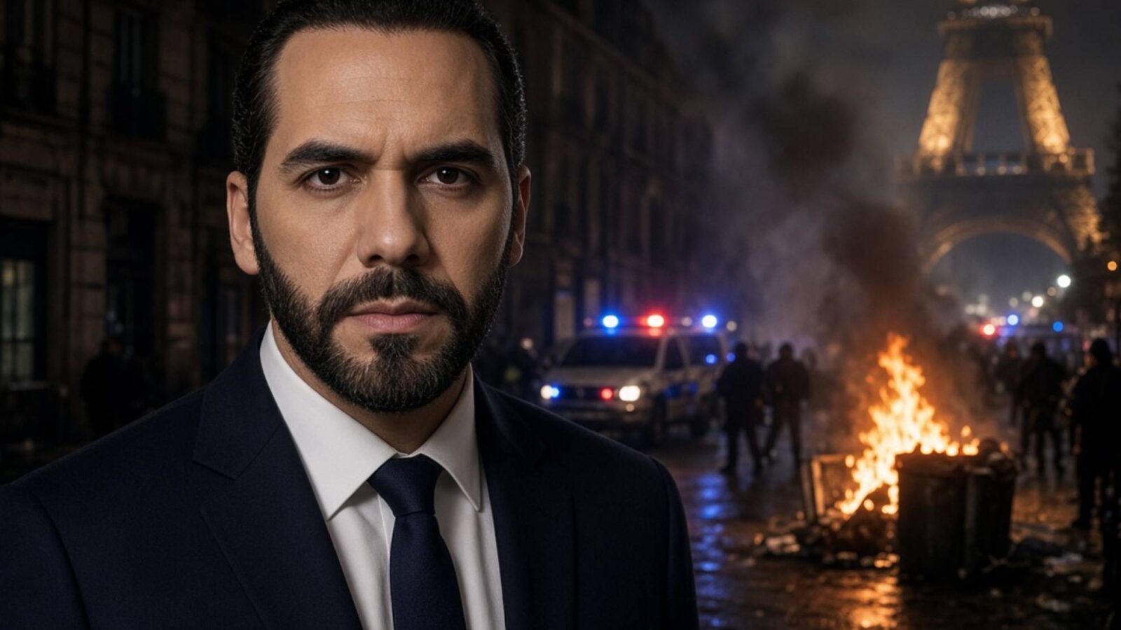 Nayib Bukele en una calle de París con disturbios y la torre Eiffel al fondo