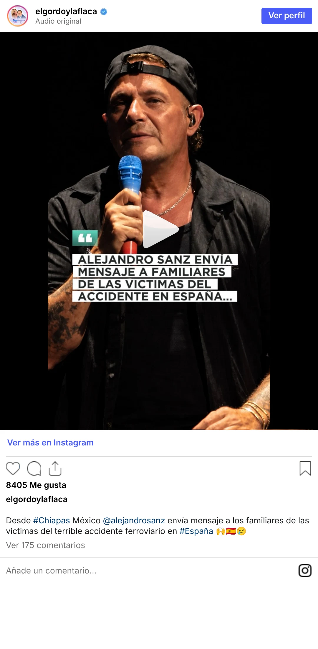Publicación de Instagram de El Gordo y la Flaca con el mensaje de Alejandro Sanz