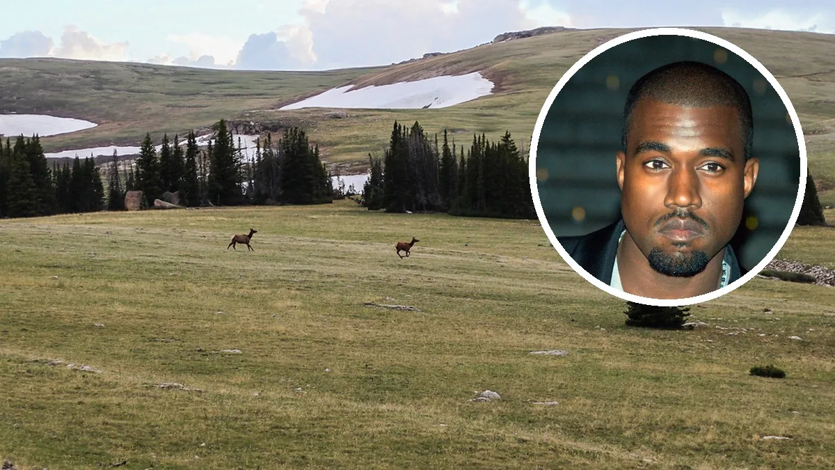 Kanye West en un círculo sobre un paisaje de las montañas Bighorn con alces