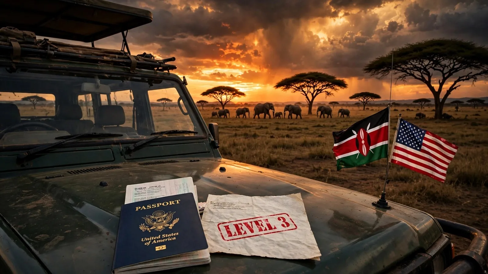 Pasaporte estadounidense y un aviso de nivel 3 sobre el capó de un todoterreno de safari, con elefantes y banderas de Kenia y Estados Unidos al atardecer