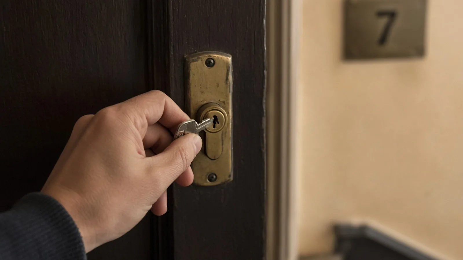 Mano abriendo con llave la puerta de un piso