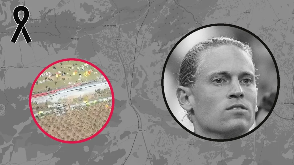 Marcos Llorente en blanco y negro junto a una imagen aérea del accidente de tren y un lazo negro de luto