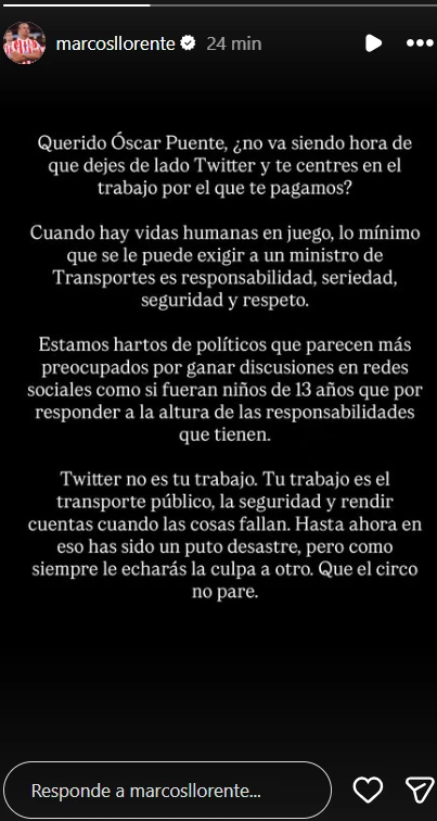 Historia de Instagram de Marcos Llorente dirigida a Óscar Puente