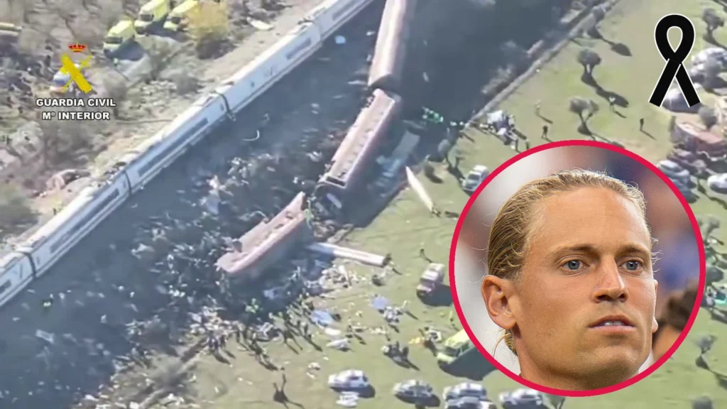 Vista aérea de los vagones descarrilados en Urda y, en un círculo, Marcos Llorente serio, con un lazo negro de luto