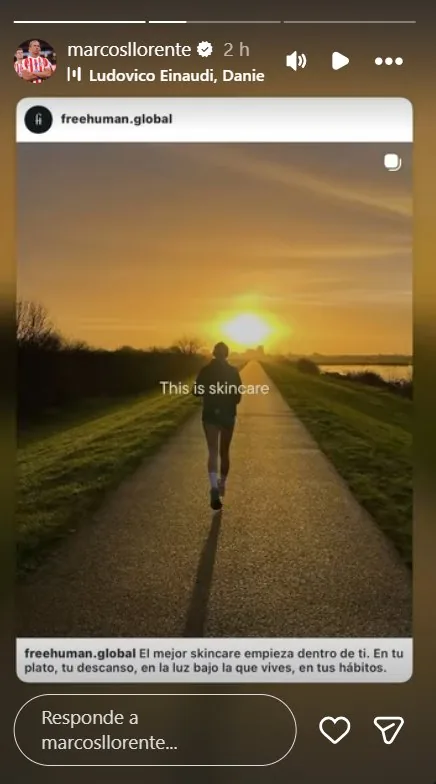 Historia de Instagram de Marcos Llorente con la publicación de freehuman.global «This is skincare»