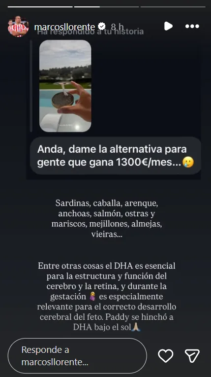 Historia de Instagram de Marcos Llorente: un seguidor le pide una alternativa al caviar para quien gana 1.300 euros y él responde con una lista de pescados