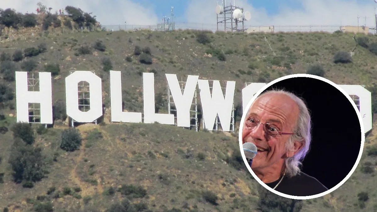 Christopher Lloyd en un círculo sobre el cartel de Hollywood