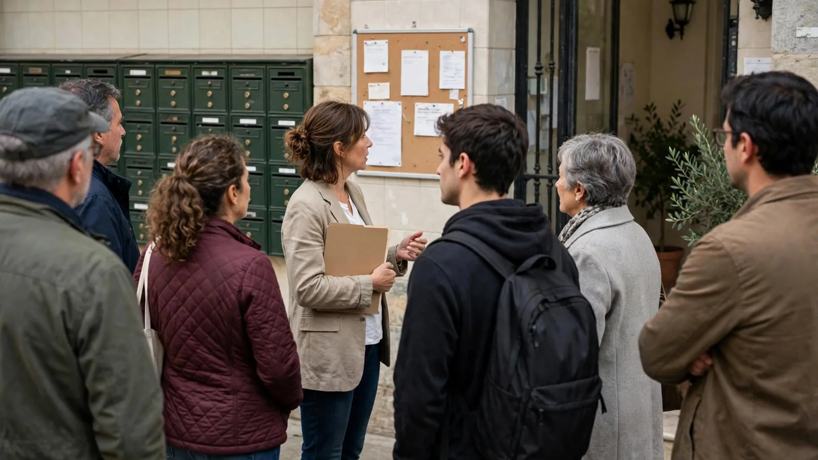 Vecinos reunidos en el portal de un edificio escuchando a una mujer con una carpeta
