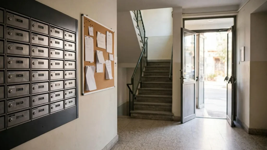 Portal de un edificio de viviendas con buzones, tablón de anuncios de la comunidad y escalera