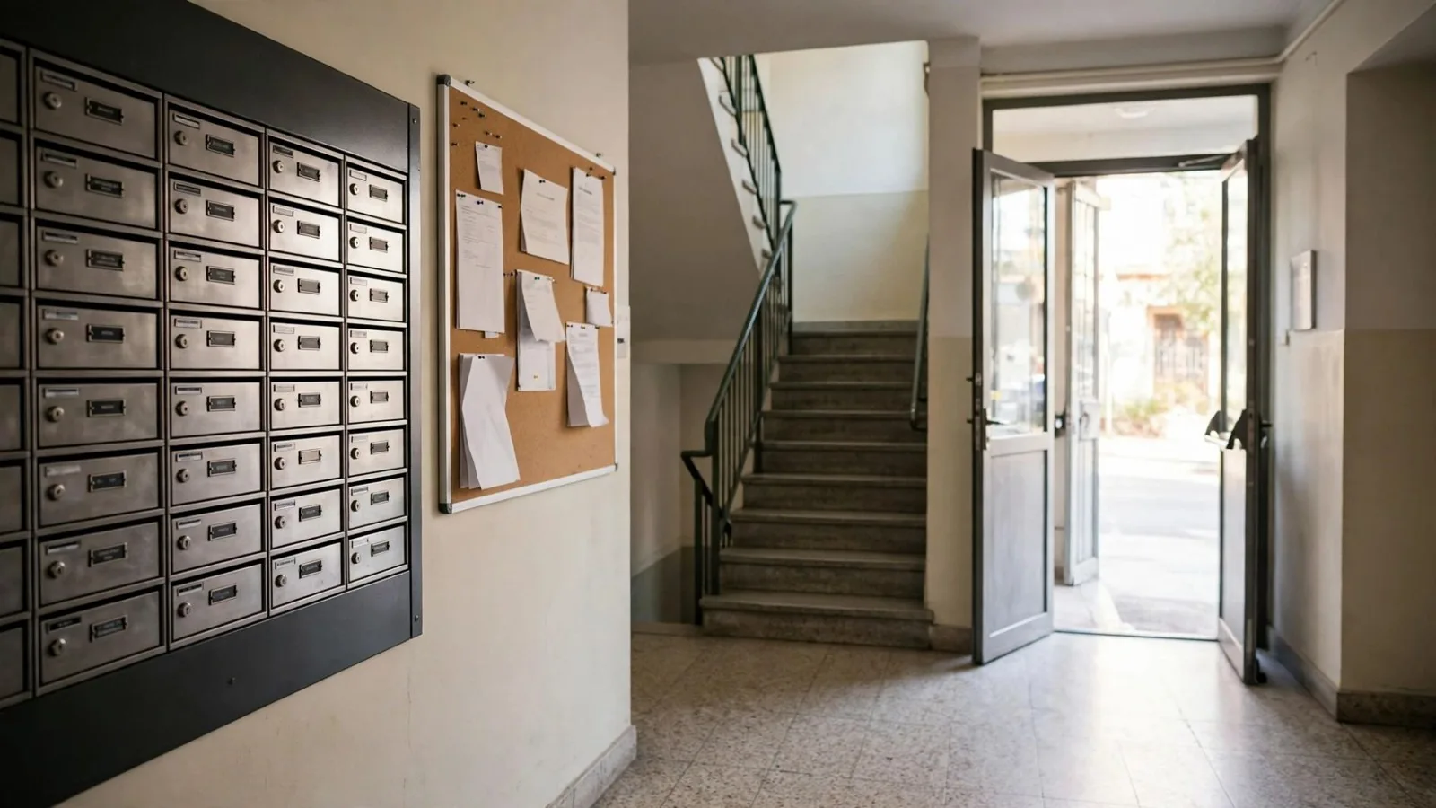Portal de un edificio de viviendas con buzones, tablón de anuncios de la comunidad y escalera