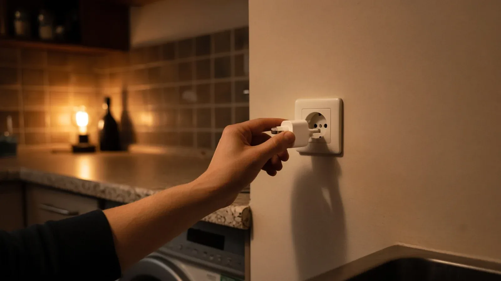 Mano enchufando un cargador en la pared de una cocina de noche (imagen ilustrativa)