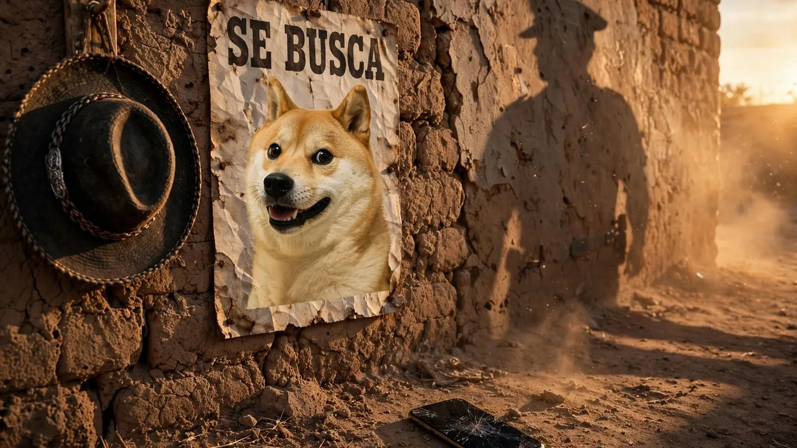 Cartel de se busca con un perro shiba inu, un sombrero y un móvil roto en una pared de adobe