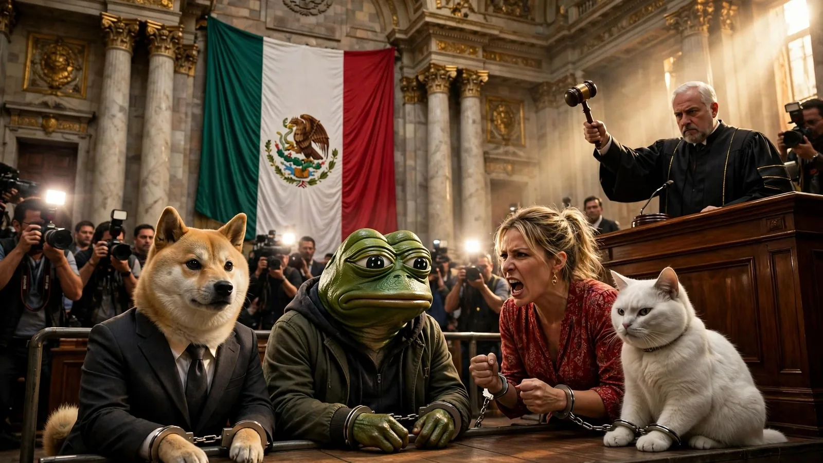 Personajes de memes famosos esposados ante un juez en un salón con la bandera de México