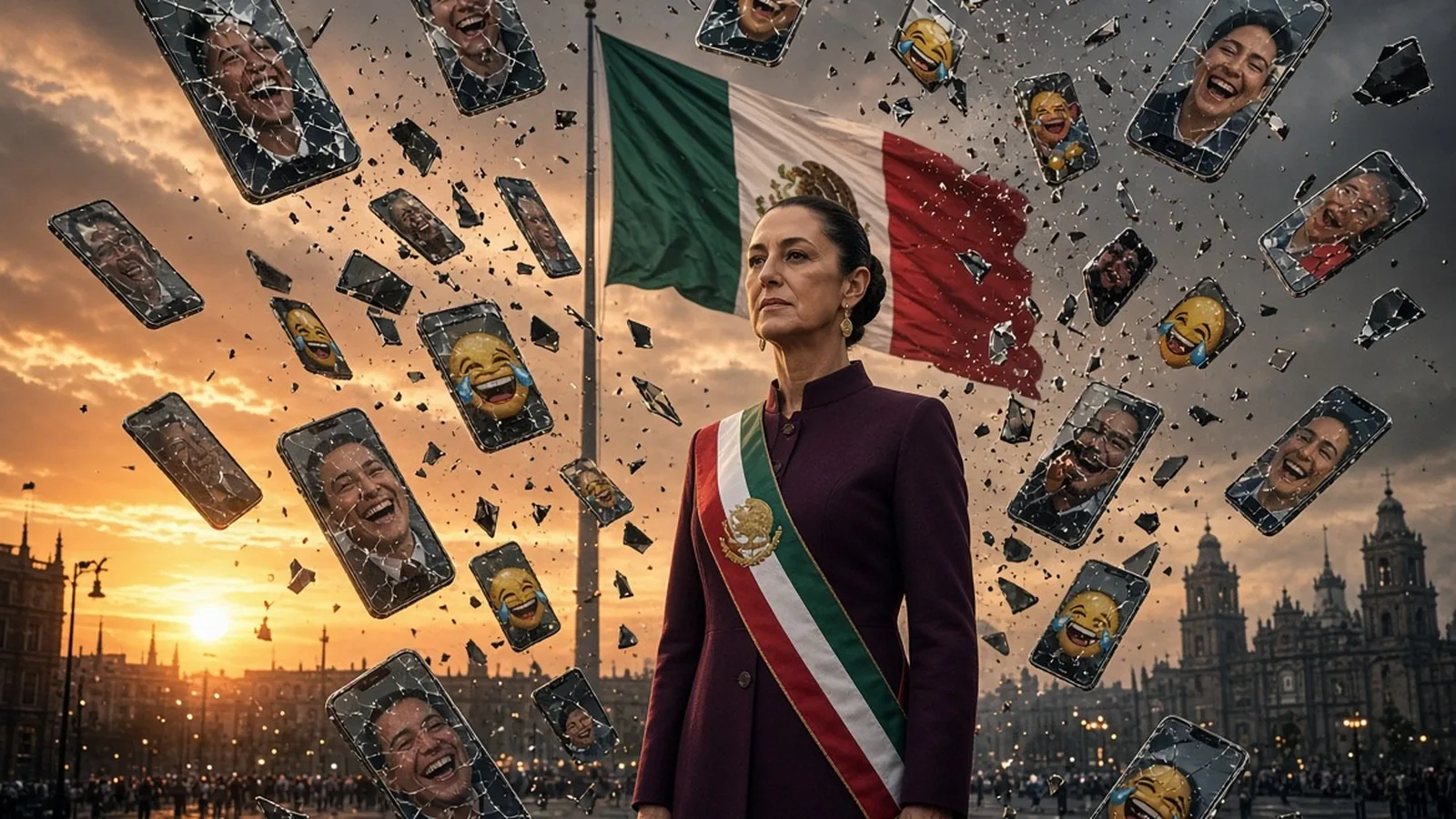 Claudia Sheinbaum en el Zócalo con móviles rotos con emojis de risa flotando a su alrededor