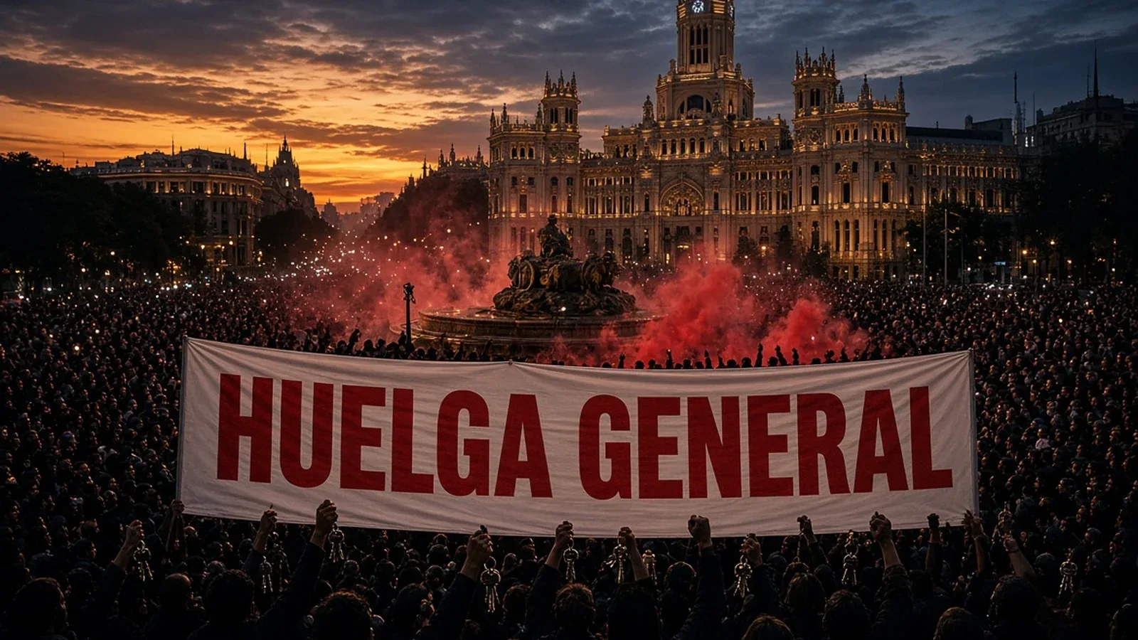Multitud en Cibeles con una pancarta de «Huelga general» (imagen ilustrativa)