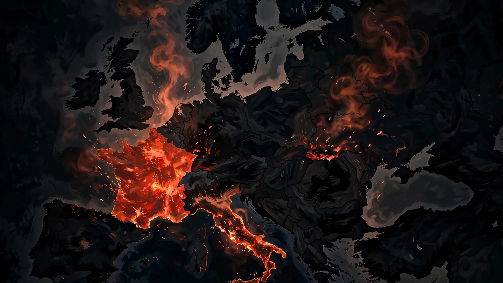 Ilustración de un mapa de Europa con Francia e Italia en llamas