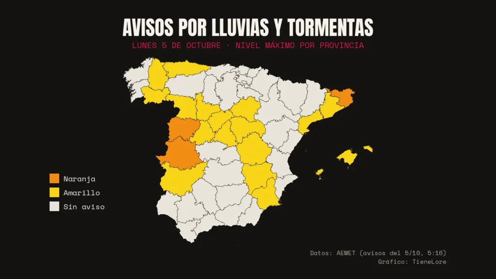 Mapa de España con los avisos por lluvias y tormentas del lunes 5 de octubre