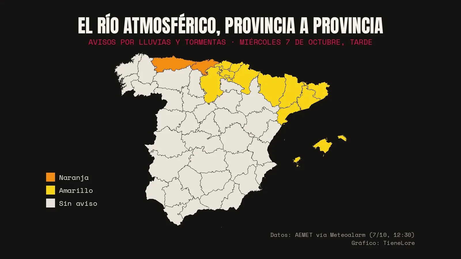 Mapa de España con los avisos por lluvias y tormentas del miércoles 7 de octubre: naranja en Asturias y Cantabria y amarillo en el resto del norte, Cataluña y Baleares