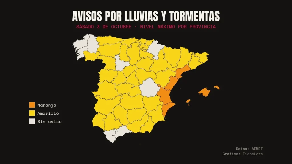 Mapa de avisos por lluvias y tormentas del sábado 3 de octubre por provincias