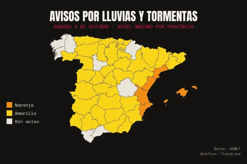 Mapa de avisos por lluvias y tormentas del sábado 3 de octubre por provincias