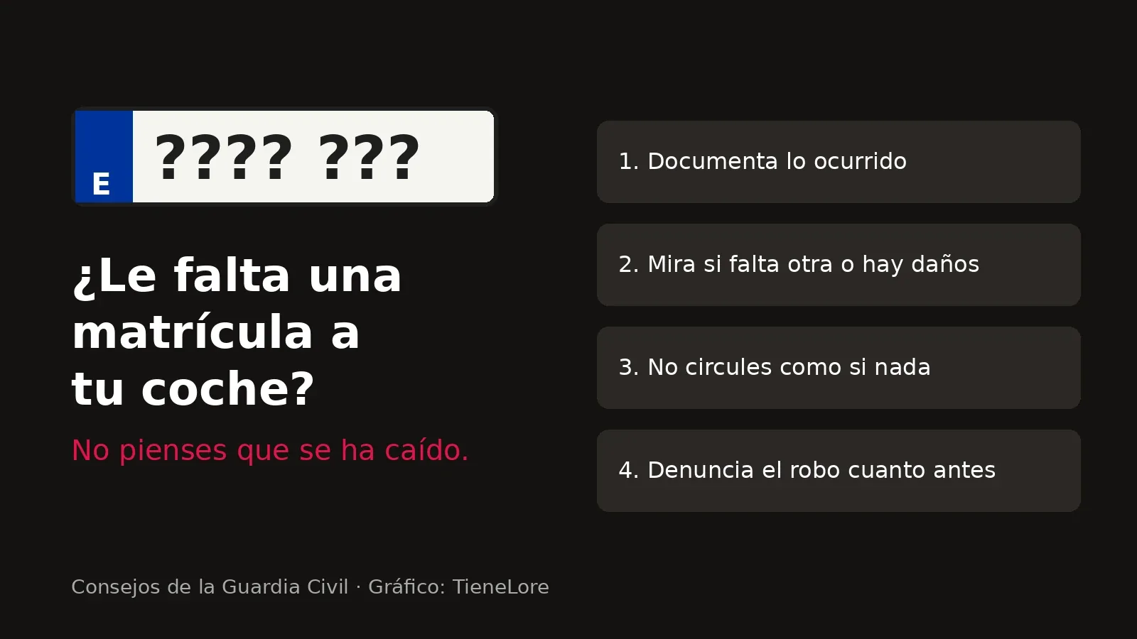 Gráfico con una matrícula y los cuatro pasos que recomienda la Guardia Civil si falta una placa