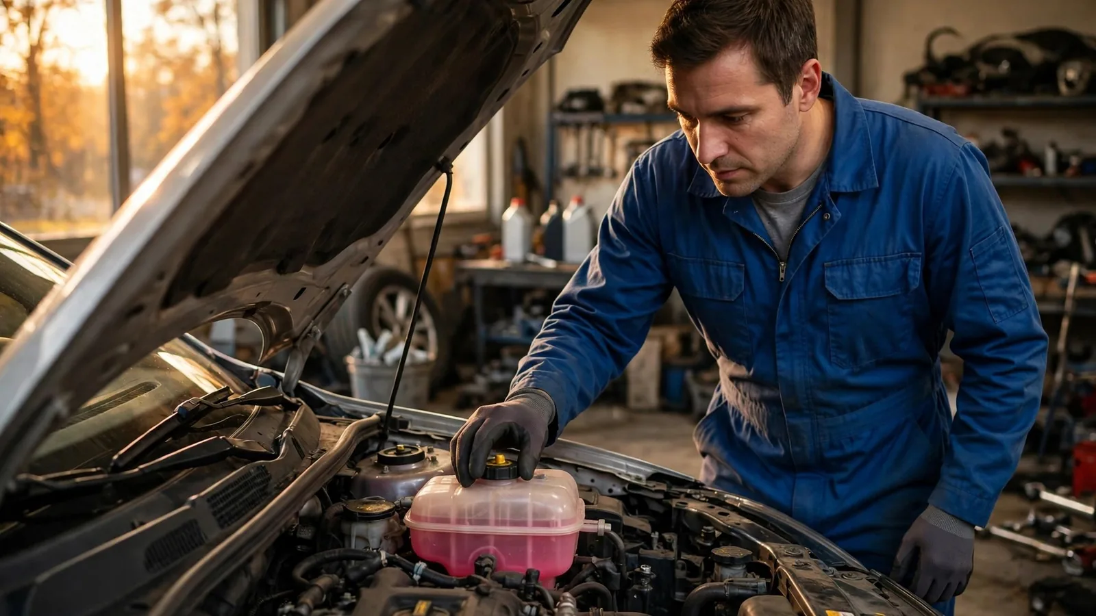 Mecánico con mono azul y guantes revisando el depósito de líquido refrigerante rosa de un coche con el capó abierto en un taller