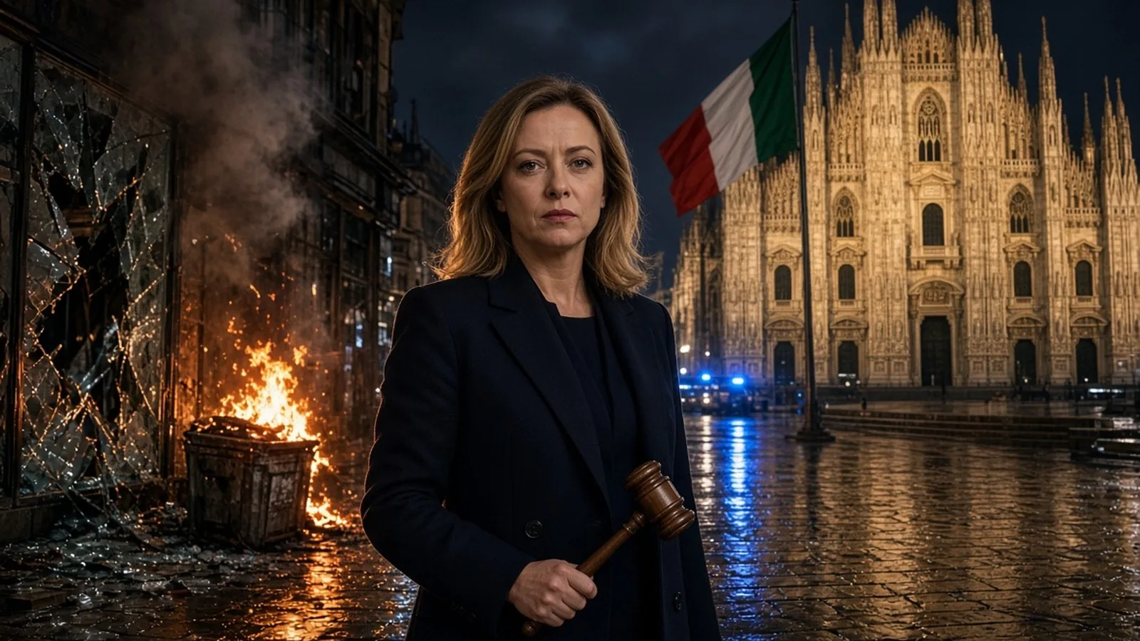 Giorgia Meloni con un mazo de juez en la plaza del Duomo de Milán, con escaparates rotos y fuego