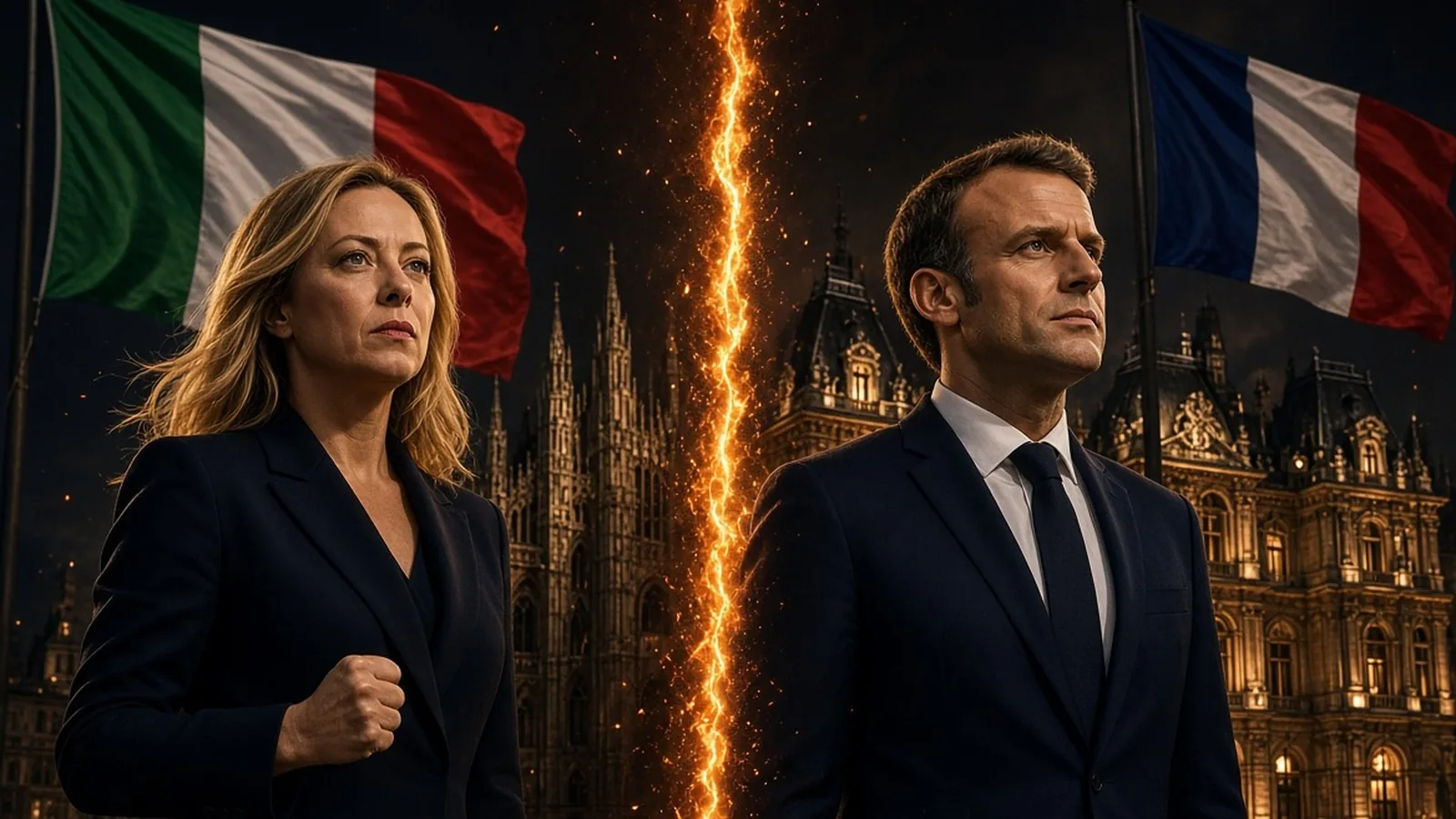 Giorgia Meloni y Emmanuel Macron separados por una línea de fuego, con las banderas de Italia y Francia