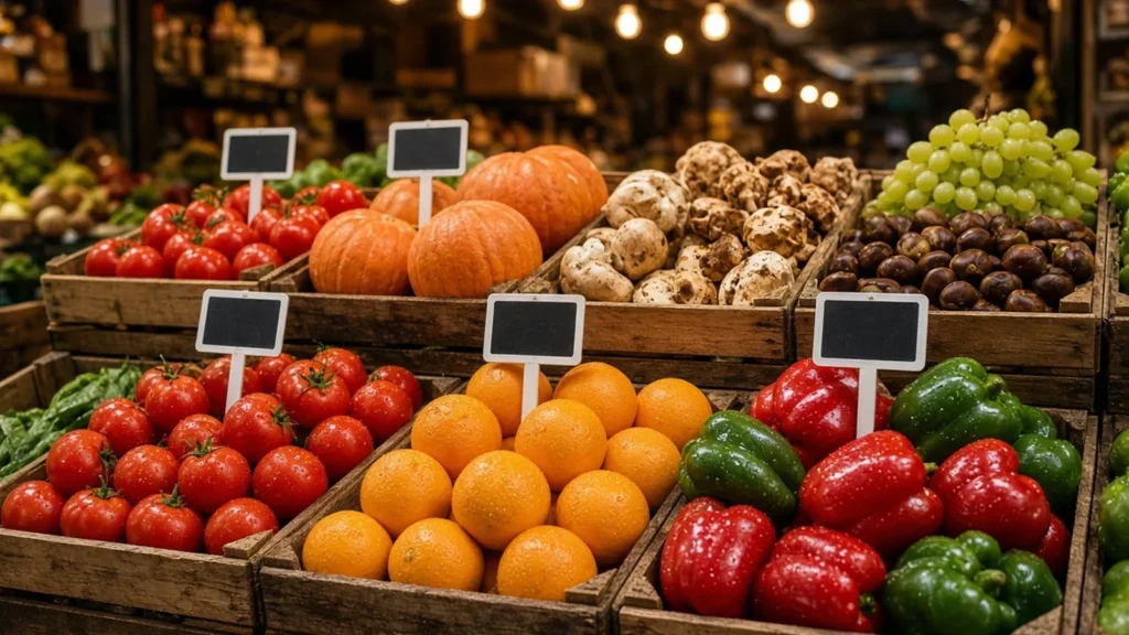 Puesto de mercado con cajas de tomates, naranjas, pimientos, calabazas, setas, castañas y uvas (imagen ilustrativa)