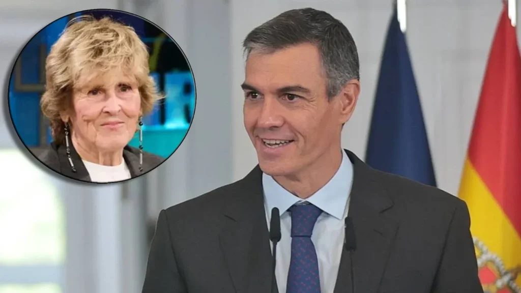 Montaje con Mercedes Milá en un círculo y Pedro Sánchez sonriendo ante un atril