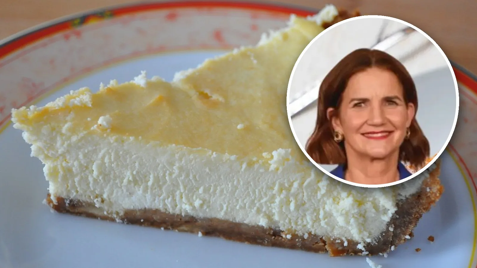 Tarta de queso al horno y, en un círculo, la chef Samantha Vallejo-Nágera